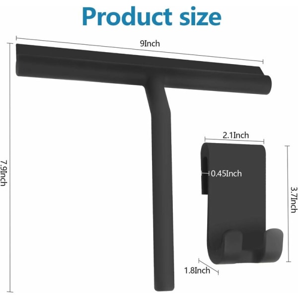 Duschskrapa för duschdörr i glas, duschvägg, 8,7" silikonskrapa, badrumsskrapa med hängkrok, svart,