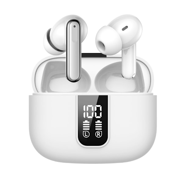 Trådløse Bluetooth-hodetelefoner, 40 timers spilletid, trådløst headset med berøringskontroll, IP7 vanntette in-ear hodetelefoner, hvit