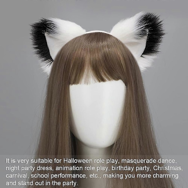 Rävsvans och -öron, katt-varg-tvättbjörnsöron-svansset, djurpäls svans, öron pannband, halloween juldräkt - SNNGV White black