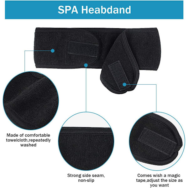 Ansiktshårband - 2 st sminkbandage huvud dusch sport frottéhårband justerbar stretchhandduk med magiskt band Black+Gray