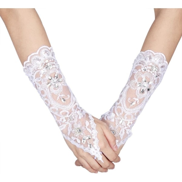 Bryllupshansker, Lange Fingerløse Blonder med Rhinestones Tilbehør for Kvinner (Hvit)