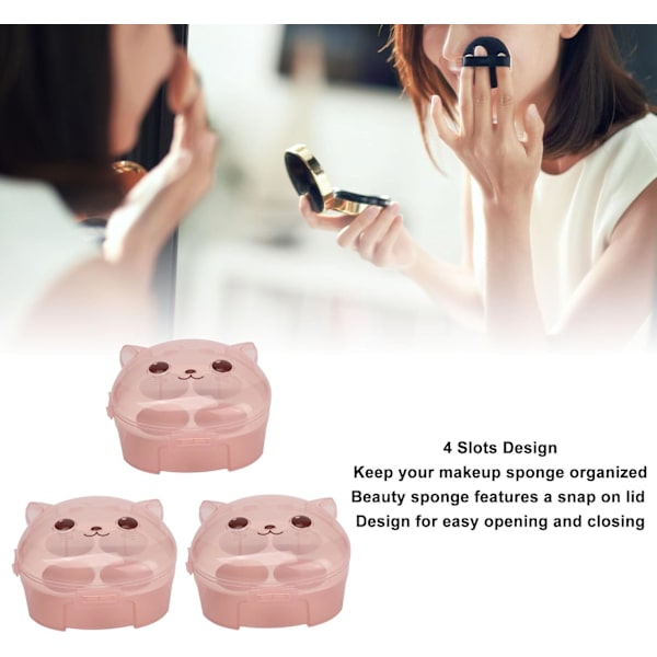 3 stk. Makeup Svampeholder, 4 Slots Makeup Blenders Etui, Katteformet Transparent Kosmetik Svampebeholder