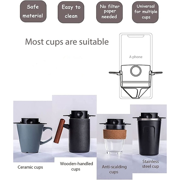 Bærbar Håndbrygger for 1-2 Kopper, Rustfritt Stål Bærbar Kaffe Filter, Gjenbrukbar Kanne Kaffe Drypper Filter