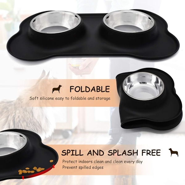 1 st. Hundskålar Halksäkra Dubbla Skålar i Rostfritt Stål med Spillskyddande Silikonmattor för Katter Hundar Valpar Mat Vatten Matning Black M