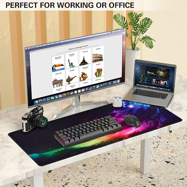Gaming Mousepad, Udvidet Mousepad 800 x 400 mm, Computer Tastatur Mouse Mat Desk Pad med Skridsikker Gummibund og Syet Kant til Gaming Arbejde Colorful Aurora XXL