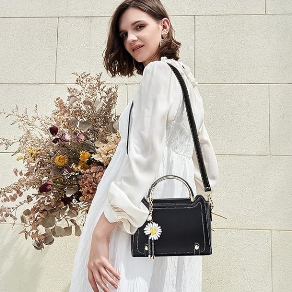 Lille Crossbody Taske til Kvinder, Håndtasker med Top Håndtag, Søde PU Læder Skuldertasker, Messenger Tasker til Piger, Dametasker med Blomstervedhæng