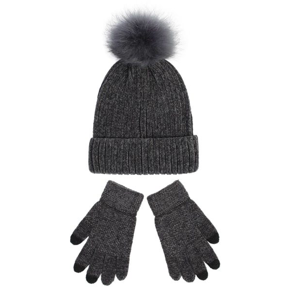 Strikkede hue kvinder ny Chenille uldhue handsker sæt fortykket varm fluffy hue efterår og vinter Læder Dark gray
