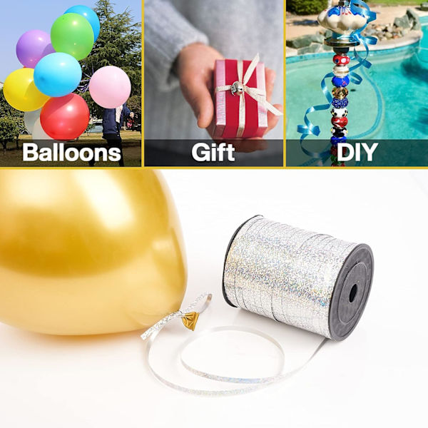 500 Yards Krøllet Bånd til Håndværk, Regnbuemønstret Krøllet Bånd, Skinnende Metalbånd til Gaveindpakning, Bånd til Ballonkæde, Blomsterhandler Silver