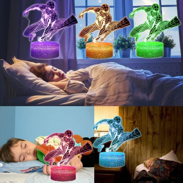 Spiderman 3D Yövalo Lapsille, Spiderman Lelut Pojille, Supersankari 3D Illuusiolamppu 16 Värillä Vaihtuvalla ja Pöytälampulla Kaukosäätimellä (A)