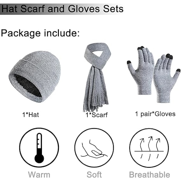 Vinter Unisex Beanie Hatt, Skjerf og Hansker Sett, Elastisk Strikket Hatt Langt Skjerf Berøringsskjermhansker Med Tykk Fleece Innerfôr for Menn og Kvinner Grey