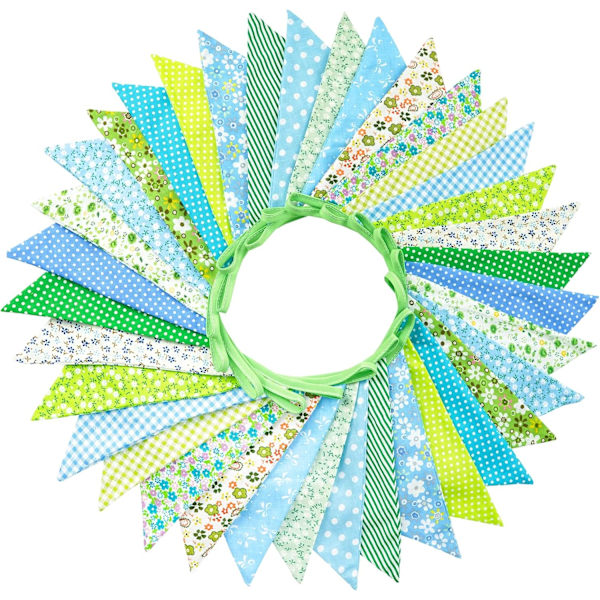 36 st blå tyg vimpel banner, 10 m dubbelsidig bomulls vimpel, triangel flag girlang, blommig vimpel vimplar för bröllop födelsedagsfester Green