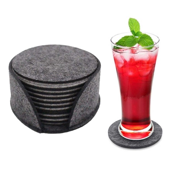 10-pak vendbare coasters i grå filt med grå holder