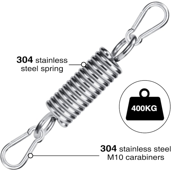 Fjäderfäste för Upphängning, 250 kg Kapacitet, 2x M10 Karbinhakar, 1x Upphängningsfjäder, för Hängmatta Gungstol Boxningssäck Yoga Silver
