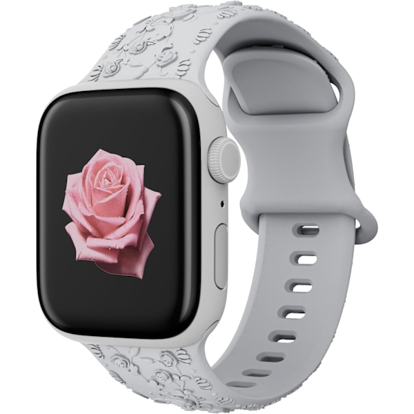 Kaiverrettu ranneke Apple Watch -hihnoille iwatch-hihna naisille, pehmeä silikoninen ruusun kukkakuvioinen hihna iWatch-sarjan hihnalle Grey/Pink Sand 42/44/45mm