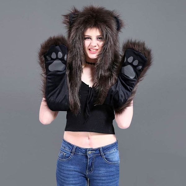 3 i 1 Fluffy Plush Dyr Ulv Leopard Hætte Halsklæde Hat med Poter Vanter Handsker Tyk Vinter Varmt Øreklapper Bomber Hat til Kvinder Mænd
