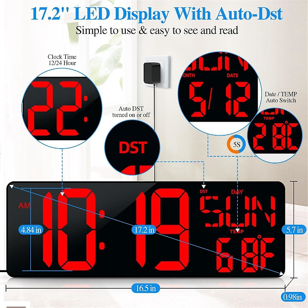 Stor Digital Väggklocka 17,2 Tum LED-Display Timer med Datum Vecka Auto Justerbar Ljusstyrka EU P