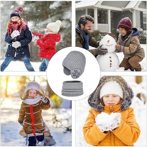 Vintermössa och halsdukssats för barn | Stickad halsduk och mössa för utomhussporter - Snöflingemönster Elastisk förtjockning Utomhussporter Mössa och halsdukssats Light Gray