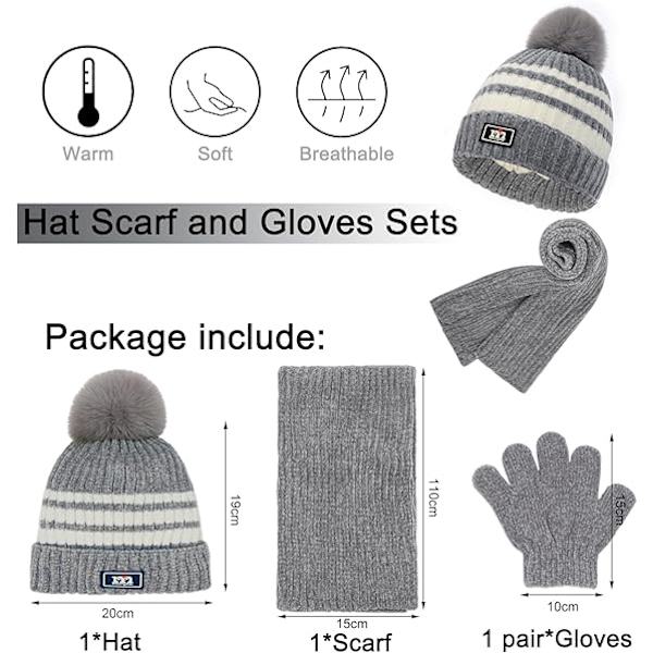 3-pack Vintermössa, Halsduk och Vantar för Barn 2-8 år - Pojkar och Flickor. Vintertillbehör Set, Tjock Stickad Varm Fleecefodrad Termisk Set Grey