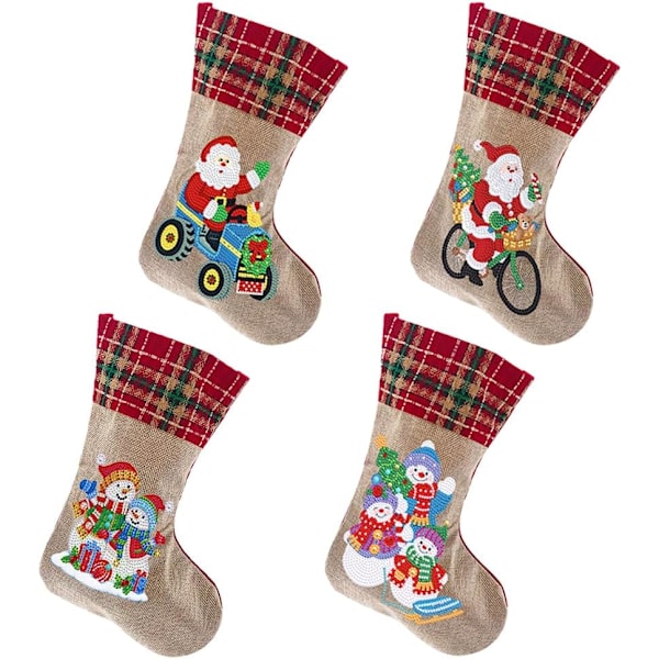 Julstrumpor Diamantmålning Kits för Vuxna Nybörjare, 4 Pack Kamin Hängande Strumpor, DIY Strassmålning Julgransprydnader Snowman
