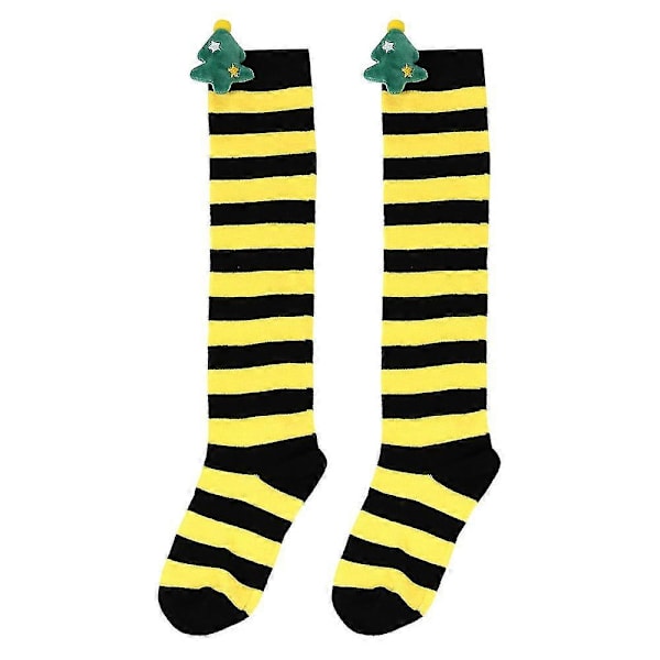Nye efterårs- og vinterbørns julestrømper, søde plysdukkestrømper, knæstrømper, stribede strømper, tegneseriedukkestrømper black yellowed Christmas trees