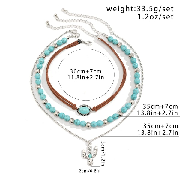 Turkos Choker Halsband Silver Kaktus Hänge Halsband Pärlförsedda Lager Halsband för Kvinnor