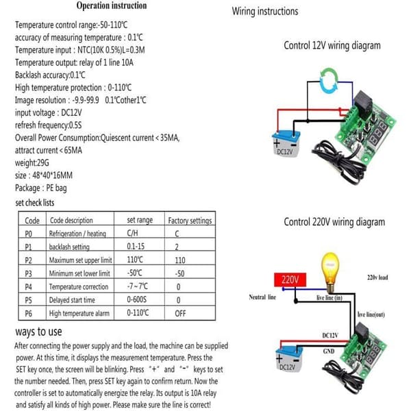 4 digitale termostatmoduler med temperaturkontrolkontakt, 12V DC -50-110°C
