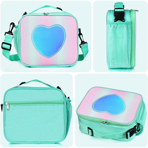 Lunch Bag Isolerad Lunchlåda för Flickor - Regnbågs Tote Bag Läckagesäker Termisk Återanvändbar Kylare Picknickväska för Kvinnor Skola Kontor Utomhus Green