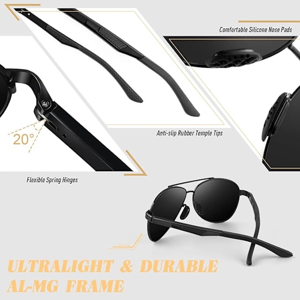 UV400 Polarisoidut Aviator-aurinkolasit, valmistettu korkealaatuisesta alumiini- ja magnesiumseoksesta.