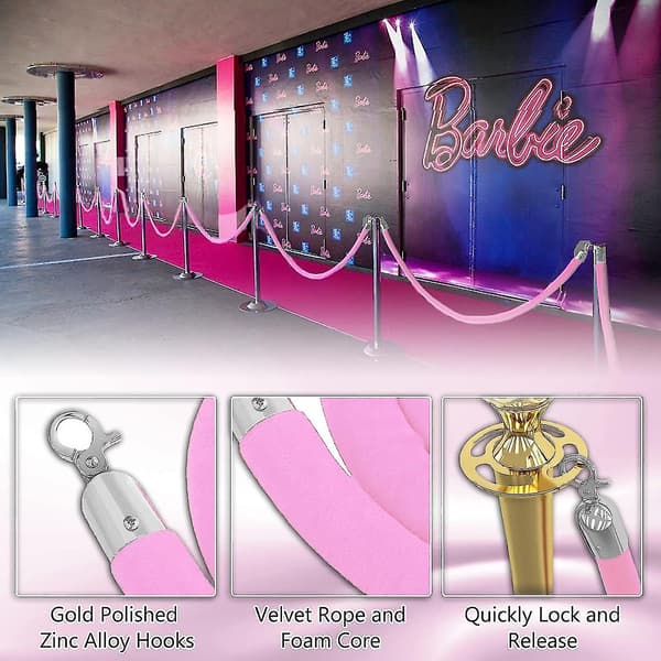 5 ft Sammet Stolpsnören Rosa, 4-pack Köhanteringsrep Säkerhetsköbarriär med Silverkrok, VIP-rep kompatibelt Party Events Dekor-G