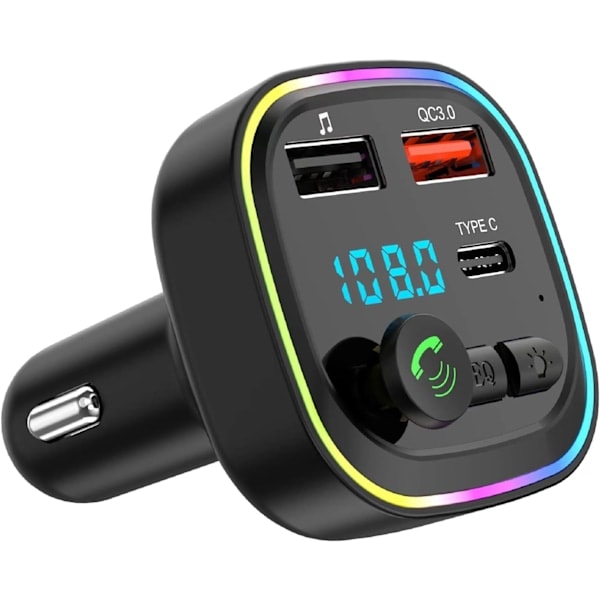 Bil Bluetooth FM-transmitter, Bil Bluetooth-adapter, Radio MP3-afspiller, 2 USB-porte 5V/3A, 20W QC3.0+Type C PD Hurtig Biloplader, Håndfri Bil