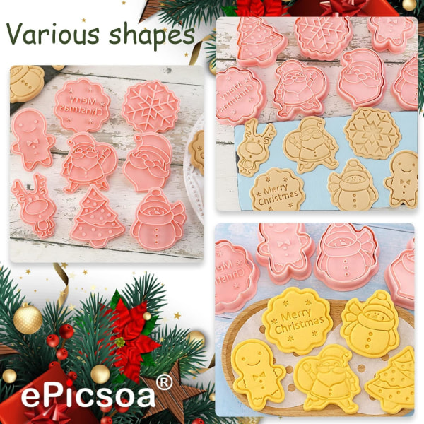 Christmas Cookie Cutter Set, Set med 8 Plast Christmas Cookie Stämpel Cookie Cutters