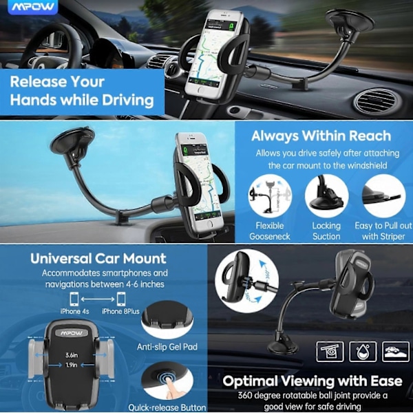 Universell biltelefonholder 360 graders vindusfeste med sugekopp, supersterk sugekoppholder, multifunksjonell sterk sugekopp telefonklips for dashbord og vindu Short black