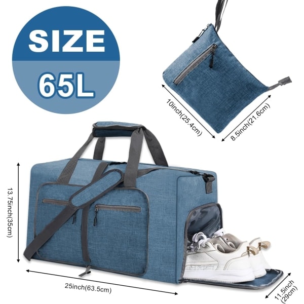 Reiseveske for menn og kvinner, sammenleggbar helgeveske med skoskap og skulderstropp Blue