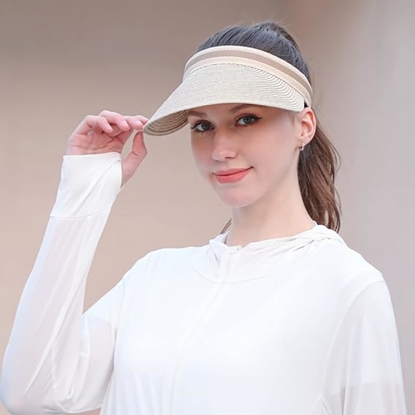 Kvindesolhat med bred skygge i strå til strand og golf - Sommerhat Beige