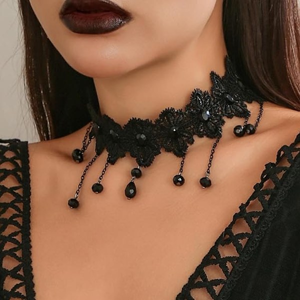 Gothic Blonde Choker Halskjede Svart Rhinestone Halskjeder Hul Blomst Choker Halskjeder for Kvinner 1