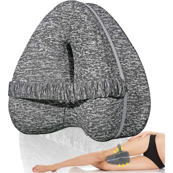 Knee pillow with elastic straps, great for spine, hip, back, joints and sciatic nerve alignment Breathable cover and promotes better sleep