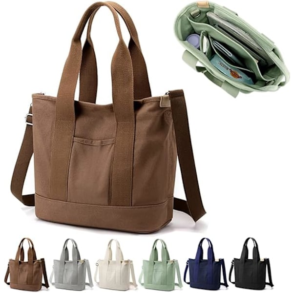 Multi-Pocket Tote Bag med dragkedja, Canvas Handgjord Handväska med fack, Multifunktion Satchels Bag för kvinnor Damer Univisity Skola Arbete Resor Coffee - Medium