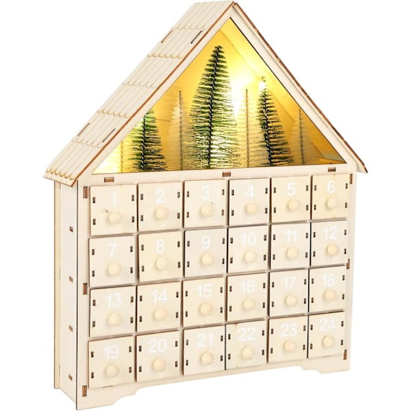 Träjulkalender med 24 lådor, LED-belysning, juldekoration