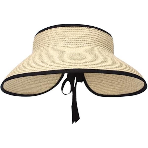 Stor Strandhatt i Halm för Kvinnor, Vikbar Bredbrättad Hatt för Dam, Solskydd, Bucket Hat med Rosett Beige
