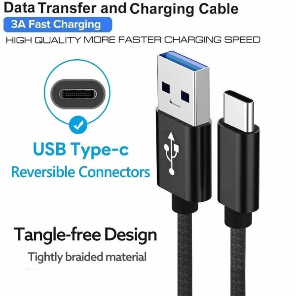 2 st USB C-kabel Typ C Snabbladdningskabel för Samsung  A12 / A32 / A42 / A52 / A72 Nylon Android Telefonladdare (1m, Svart)