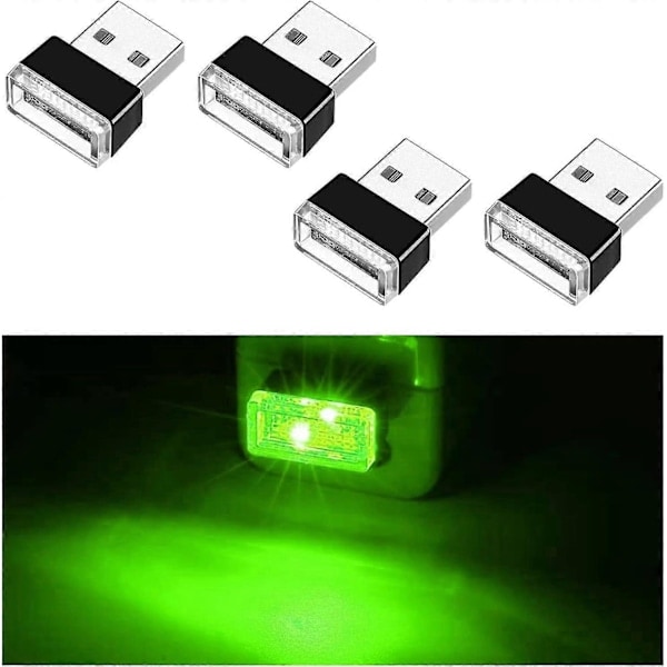 4 stk. USB LED Bil Lysarmatur, Mini USB Bil Lys, Plug-in USB Interface Bagagerumsstemningslys Bærbart Natlys Green