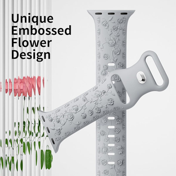 Gravert Rem for Apple Watch-reimer, iwatch-reim Kvinner, Myk Silikon Rose Blomstermønster Bånd for iWatch Series-reim Grey/Pink Sand 42/44/45mm