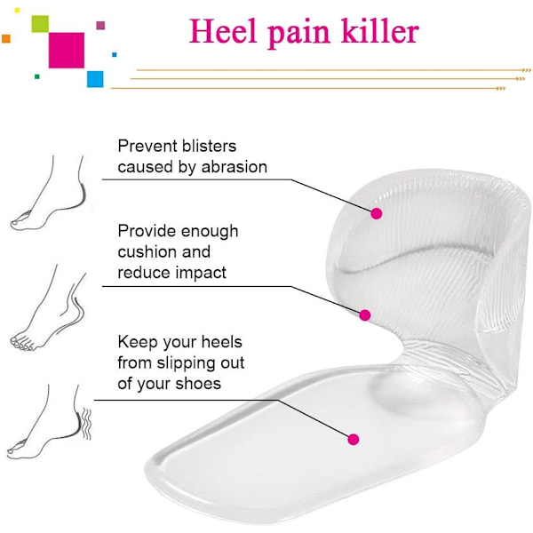 Gel Skoindsatser Foringer Puder til For Store Sko Anti-Slip Hælgreb Indsatser Foringer Fodindsatser til Kvinder, 4 Par, Transparent
