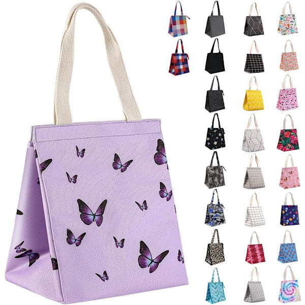 1 stk Isolerende Lunsjpose, Slitesterk Brettbar & Bærbar Lunsjpose med Innvendige Lommer, Vannbestandig Termisk Purple Butterflies