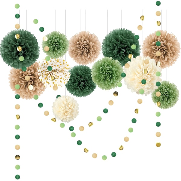 Hääjuhlat Koristeet Setti, 15Kpl Vihreä Paperi Pom Poms, Piste Paperi Garland String Ripustus Tausta Kihlat, Maalaismainen Hää