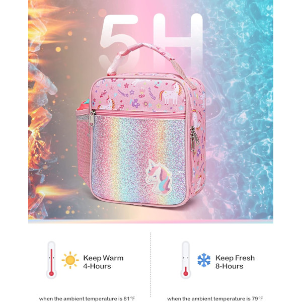 Tyttöjen Lounaskassi, Eristävä Lounaskassi Lapsille, Kannettava Lounaskylmälaukku Kouluun, Pullotelineellä, Vedenkestävä Vuori, Vaaleanpunainen Yksisarvinen Glitter Unicorn