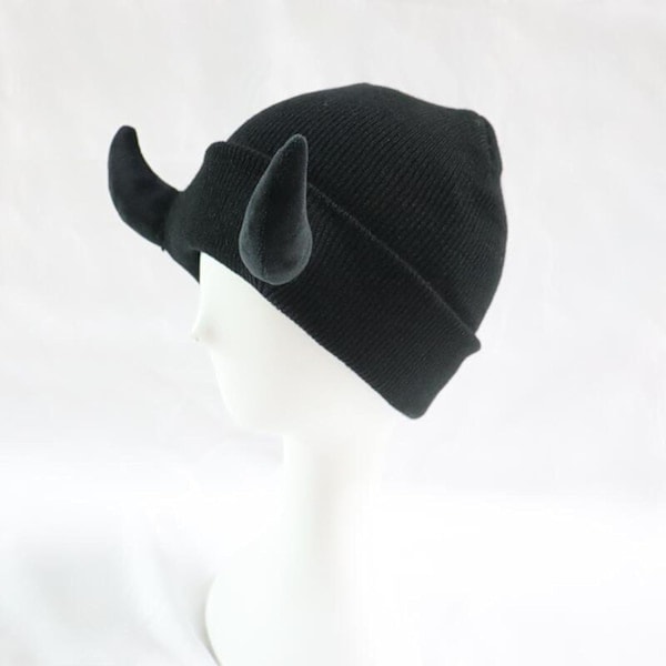 Djävulshorns Män Hatt Stickad Mössa med Horn Kvinnor Hip Hop Demon Horn Keps för Vinter Varm Skid Utomhus Black