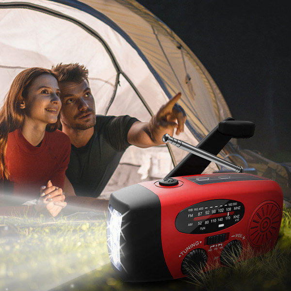 Vanntett sveiveradio med solcelle og Powerbank, rød