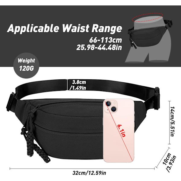 Lång Hållare Midjeväska Fanny Pack för Kvinnor Män Mode Midjeväska Bumbag Cross Body Justerbar Reseväska Stora Fickor för Löpning Black