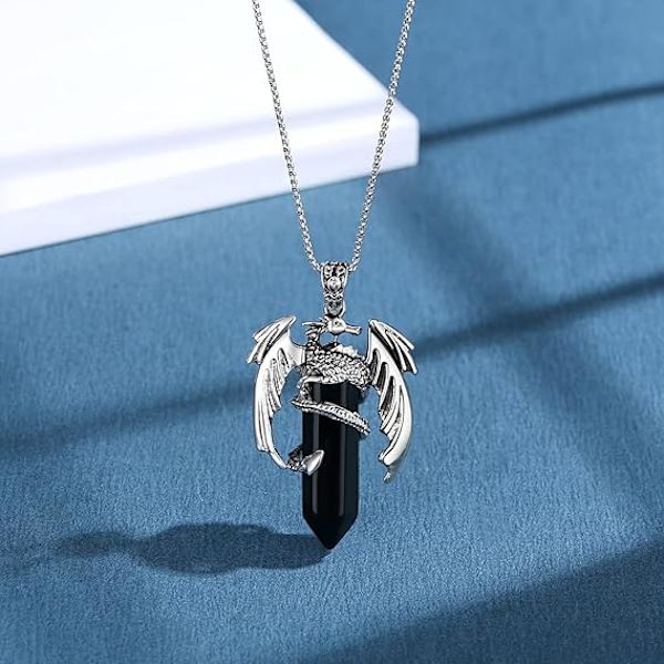 Dragen Halskæde til Mænd, Mænds Halskæde Drenges Halskæde, Naturlig Krystal Vedhæng Halskæder Mænds Smykker, Dragen Gave til Far på Fars Dag B - Black Obsidian
